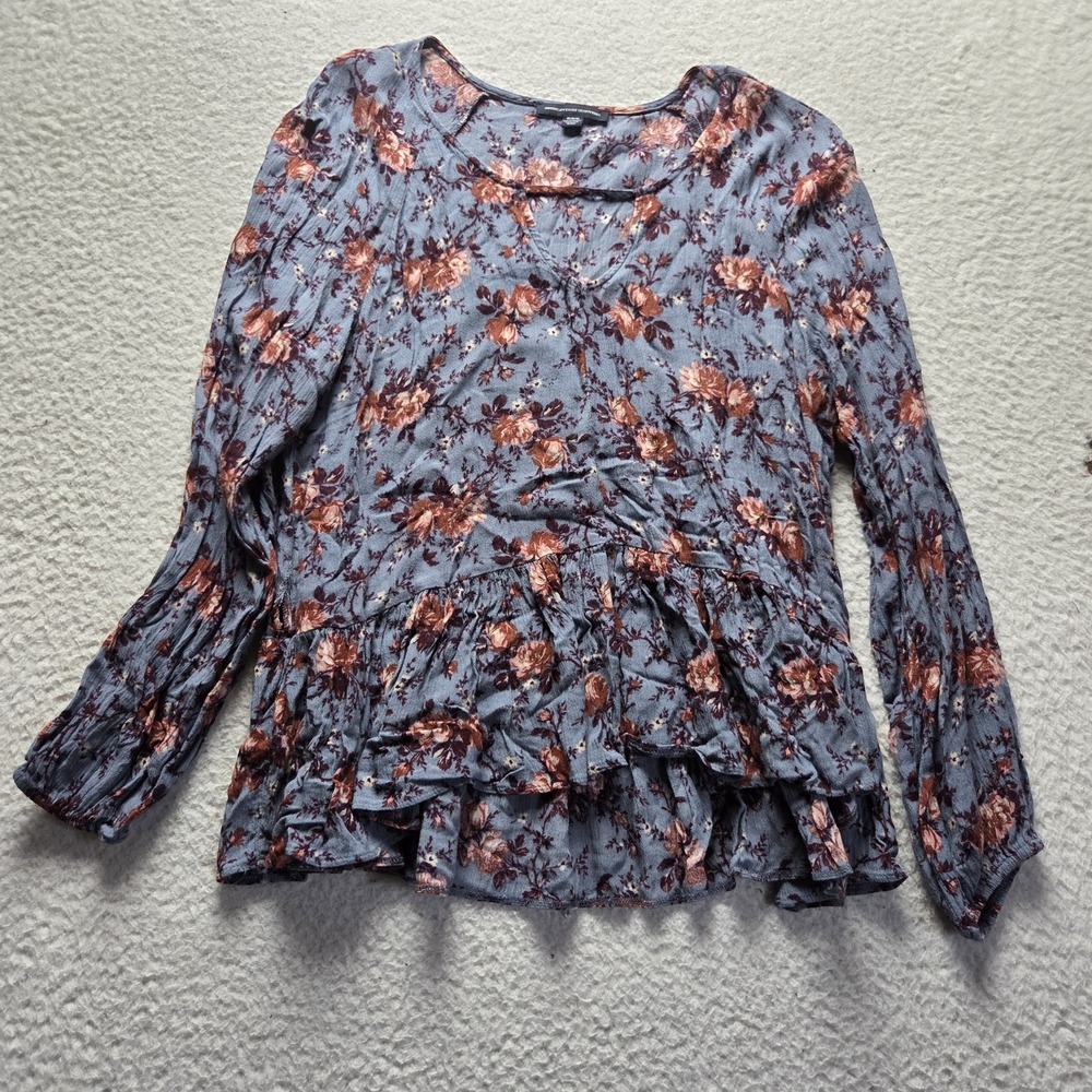 American Eagle Outfitters Blouse Womens M Blue Floral Long Sleeve Peplum Top